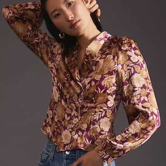 Favorite Daughter Anthropologieโ Rani Floral Blouse M Burgundy Tan Long Sleeve - Picture 1 of 8